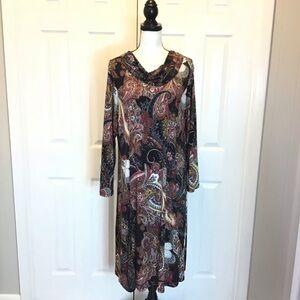 NWOT Southern Lady Paisley Print Long Sleeve Cowl Neck Shift Dress Size Large